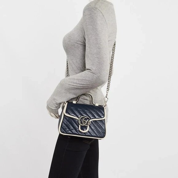 Gucci Blue/White Quilted Leather Marmont Mini Torchon Top Handle Crossbody Bag - Picture 2 of 12